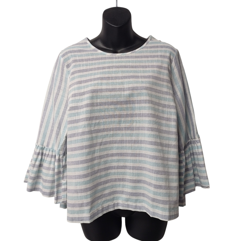Hem & Thread Linen Striped Tie Neck Bell Sleeve Open Back Top Blouse Sz L NWT